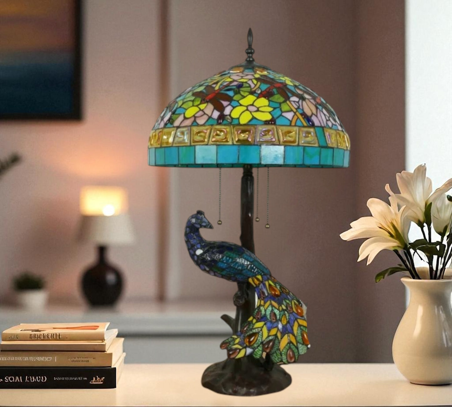 CDH 18" X-LARGE Tiffany Table Lamp 46cm Shade with Peacock (19004TL)