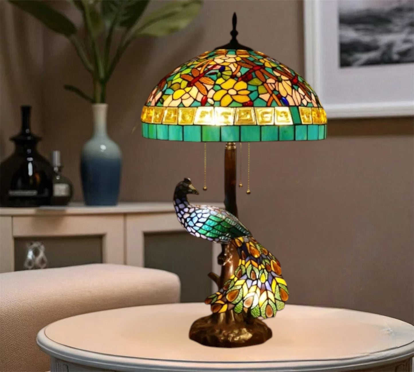 CDH 18" X-LARGE Tiffany Table Lamp 46cm Shade with Peacock (19004TL)