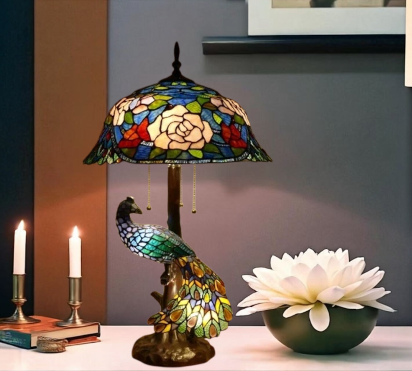 CDH 18" X-LARGE Tiffany Table Lamp 46cm Shade with Peacock (19005TL)