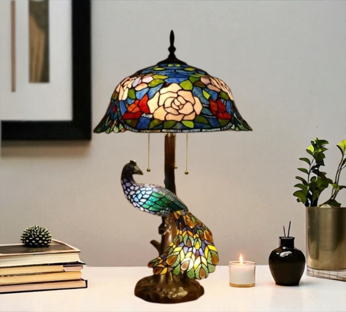CDH 18" X-LARGE Tiffany Table Lamp 46cm Shade with Peacock (19005TL)