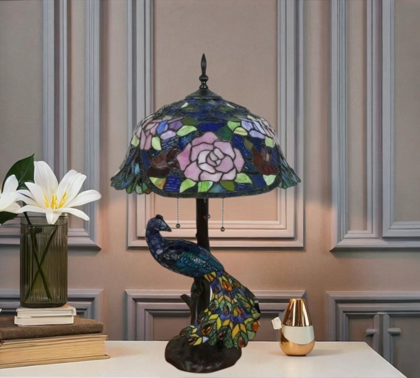 CDH 18" X-LARGE Tiffany Table Lamp 46cm Shade with Peacock (19005TL)