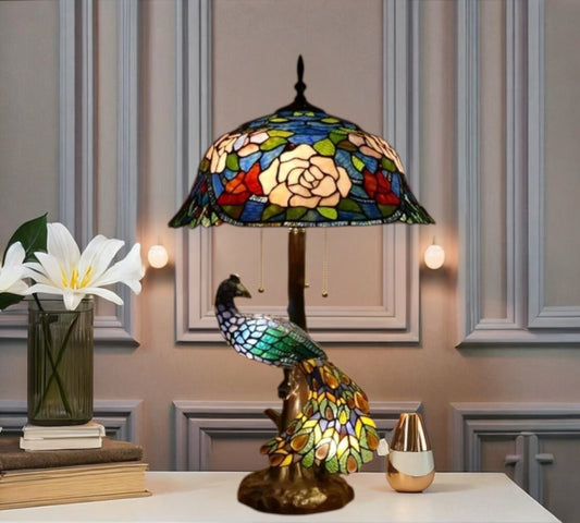 CDH 18" X-LARGE Tiffany Table Lamp 46cm Shade with Peacock (19005TL)