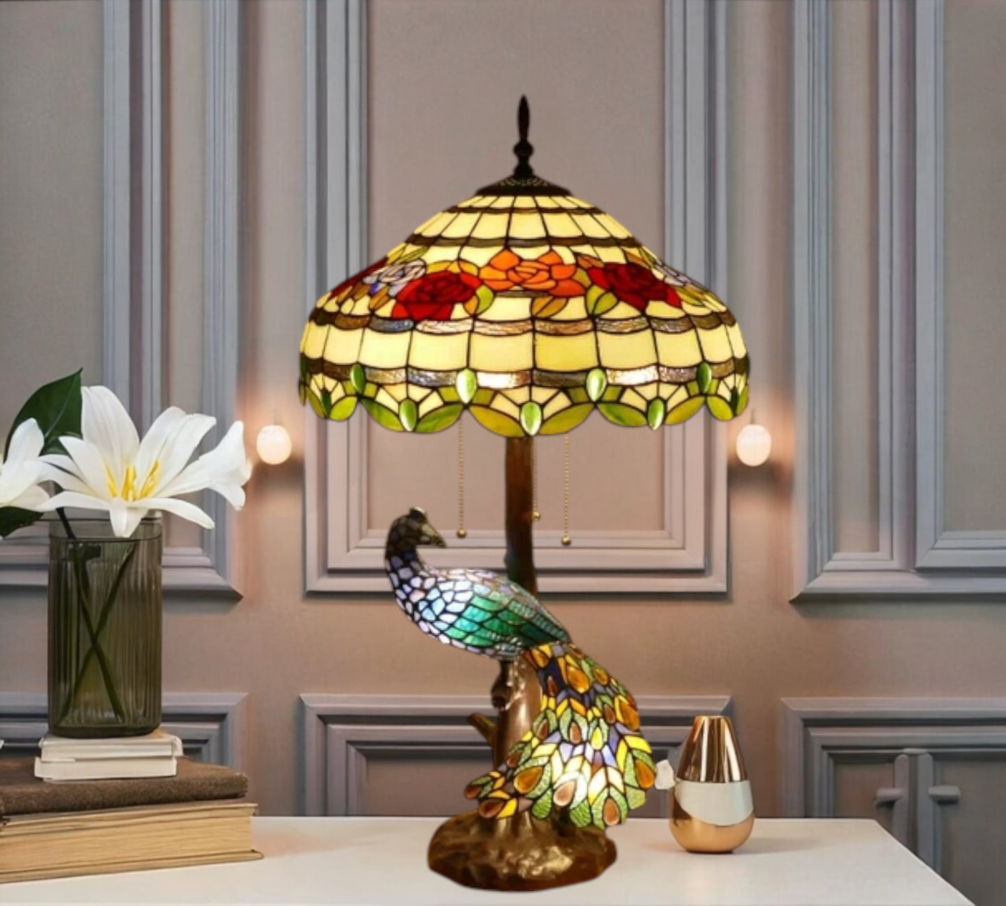 CDH 18" X-LARGE Tiffany Table Lamp 46cm Shade with Peacock (19012TL)