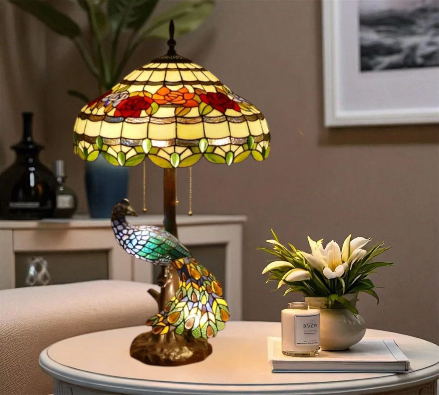 CDH 18" X-LARGE Tiffany Table Lamp 46cm Shade with Peacock (19012TL)