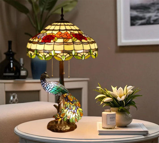CDH 18" X-LARGE Tiffany Table Lamp 46cm Shade with Peacock (19012TL)