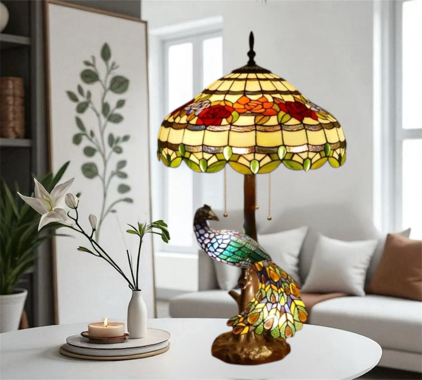 CDH 18" X-LARGE Tiffany Table Lamp 46cm Shade with Peacock (19012TL)