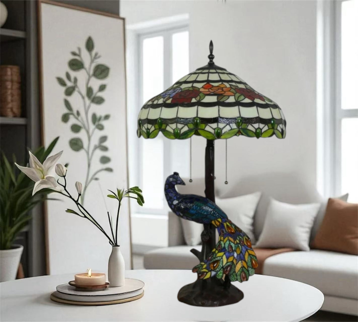 CDH 18" X-LARGE Tiffany Table Lamp 46cm Shade with Peacock (19012TL)