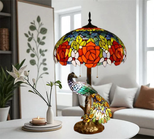 CDH 18" X-LARGE Tiffany Table Lamp 46cm Shade with Peacock (15013TL)