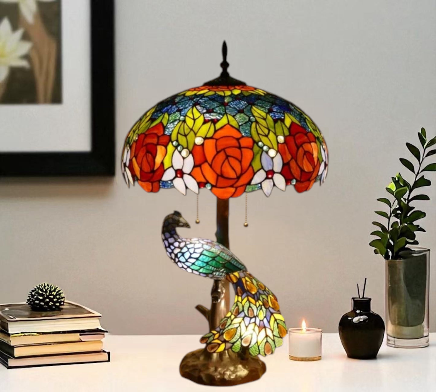 CDH 18" X-LARGE Tiffany Table Lamp 46cm Shade with Peacock (15013TL)