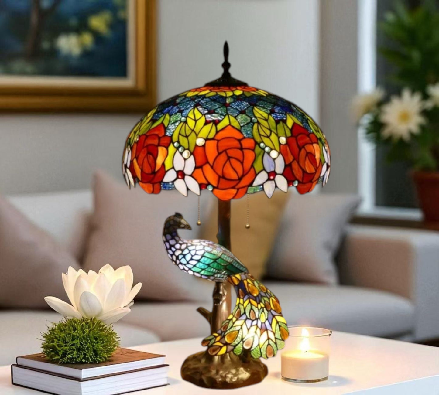 CDH 18" X-LARGE Tiffany Table Lamp 46cm Shade with Peacock (15013TL)
