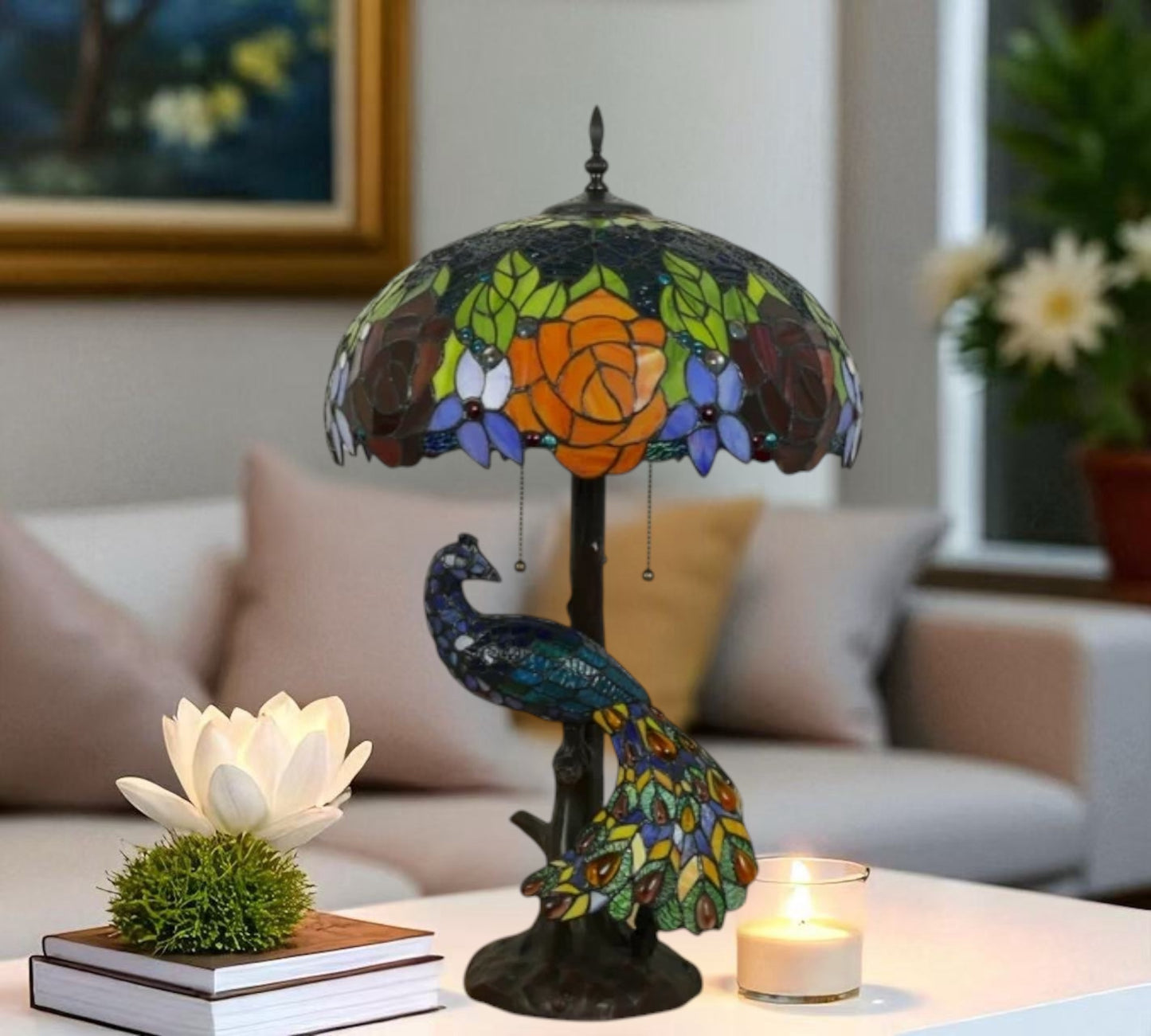 CDH 18" X-LARGE Tiffany Table Lamp 46cm Shade with Peacock (15013TL)