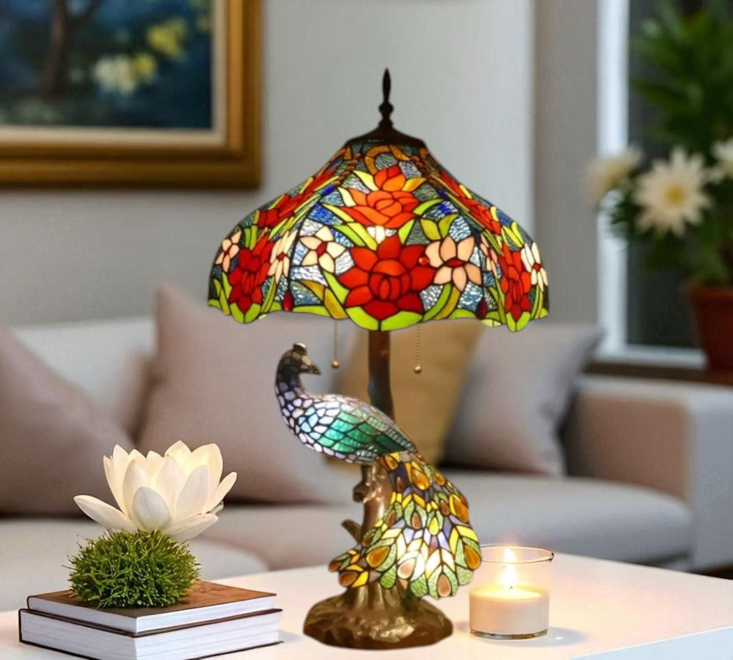 CDH 18" X-LARGE Tiffany Table Lamp 46cm Shade with Peacock (15035TL)