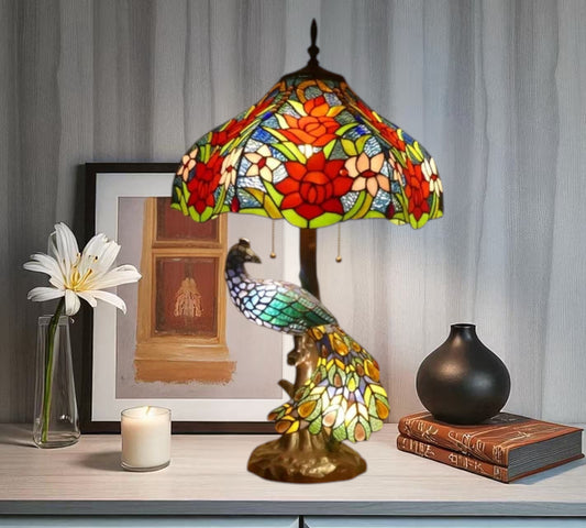 CDH 18" X-LARGE Tiffany Table Lamp 46cm Shade with Peacock (15035TL)