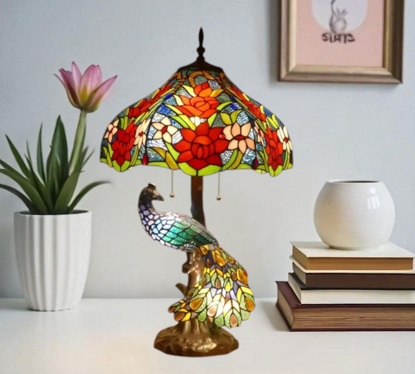 CDH 18" X-LARGE Tiffany Table Lamp 46cm Shade with Peacock (15035TL)