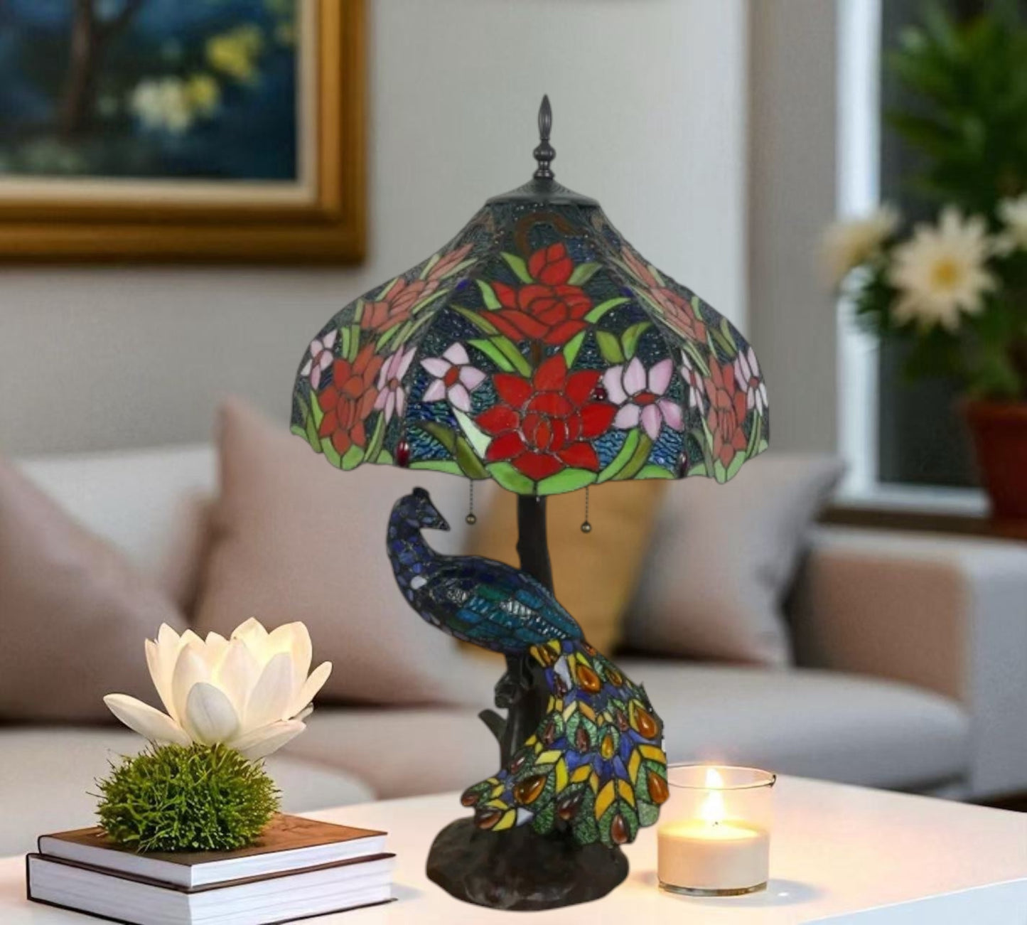 CDH 18" X-LARGE Tiffany Table Lamp 46cm Shade with Peacock (15035TL)