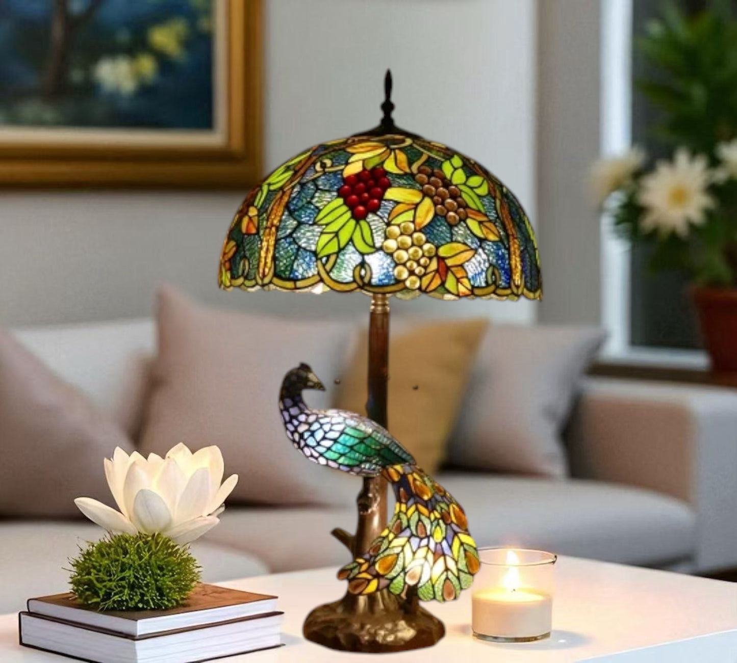 CDH 18" X-LARGE Tiffany Table Lamp 46cm Shade with Peacock (16937TL)
