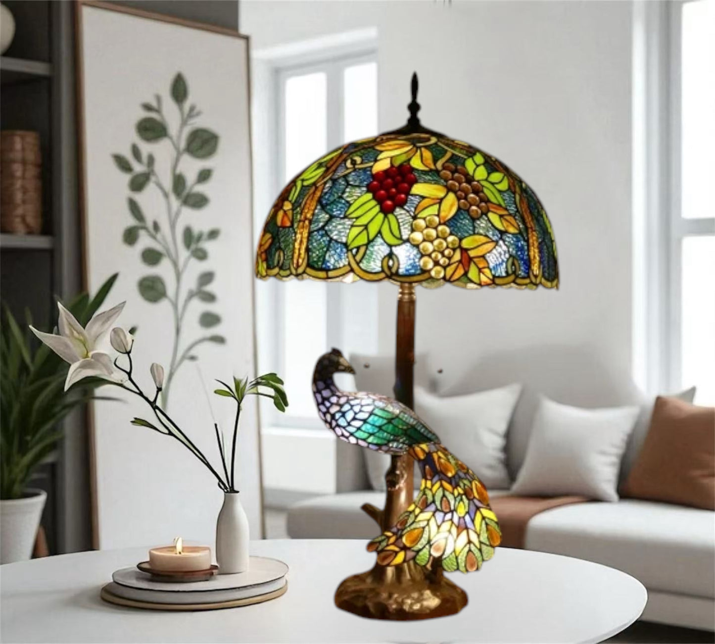 CDH 18" X-LARGE Tiffany Table Lamp 46cm Shade with Peacock (16937TL)