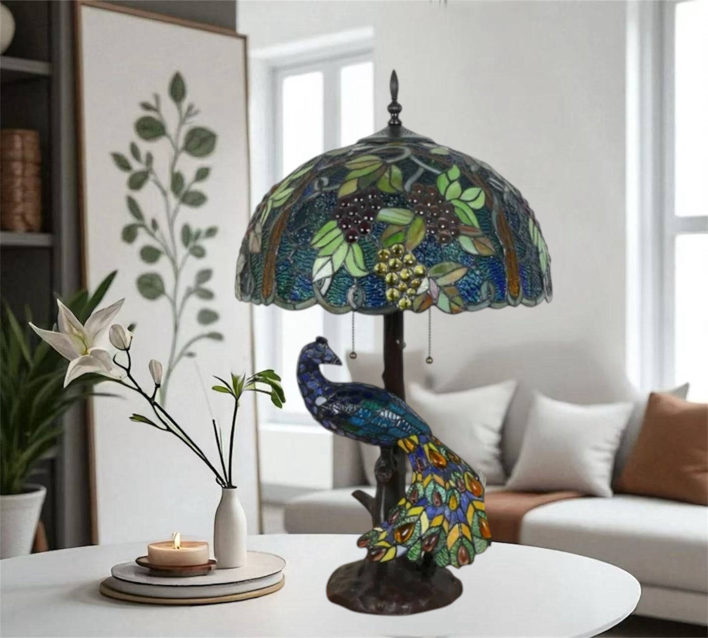 CDH 18" X-LARGE Tiffany Table Lamp 46cm Shade with Peacock (16937TL)