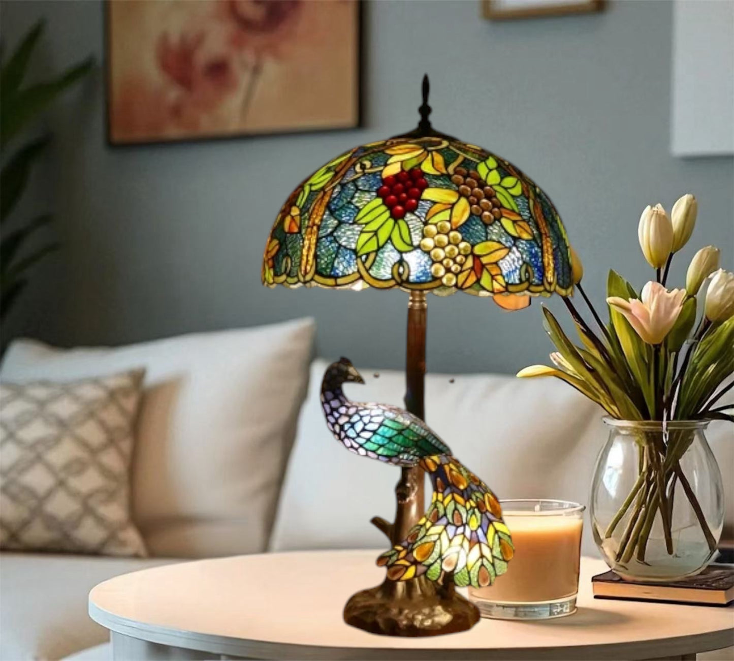 CDH 18" X-LARGE Tiffany Table Lamp 46cm Shade with Peacock (16937TL)
