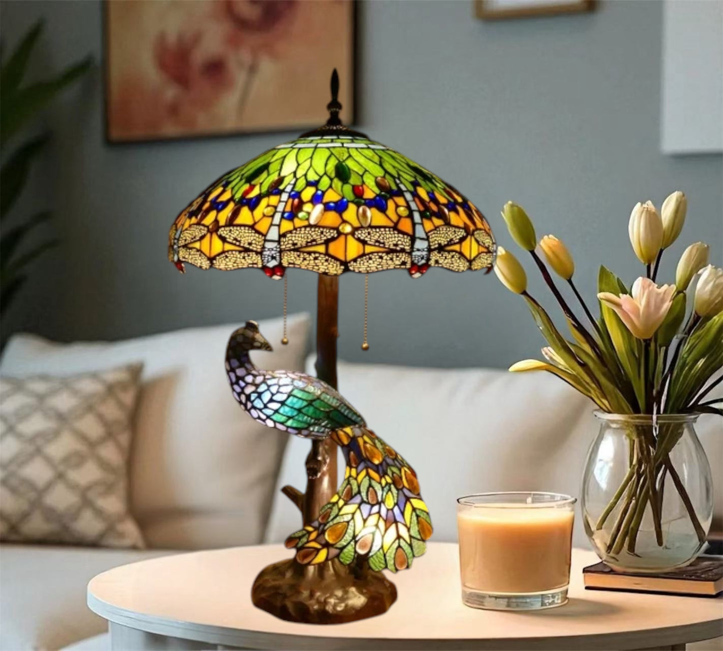 CDH 18" X-LARGE Tiffany Table Lamp 46cm Shade with Peacock (16035GTL)