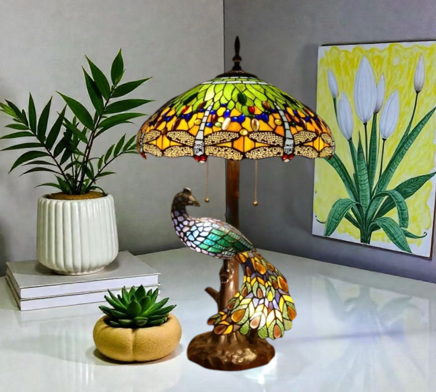 CDH 18" X-LARGE Tiffany Table Lamp 46cm Shade with Peacock (16035GTL)