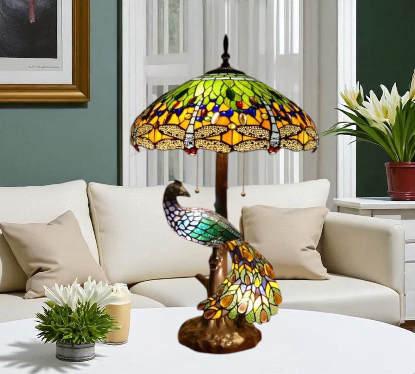 CDH 18" X-LARGE Tiffany Table Lamp 46cm Shade with Peacock (16035GTL)