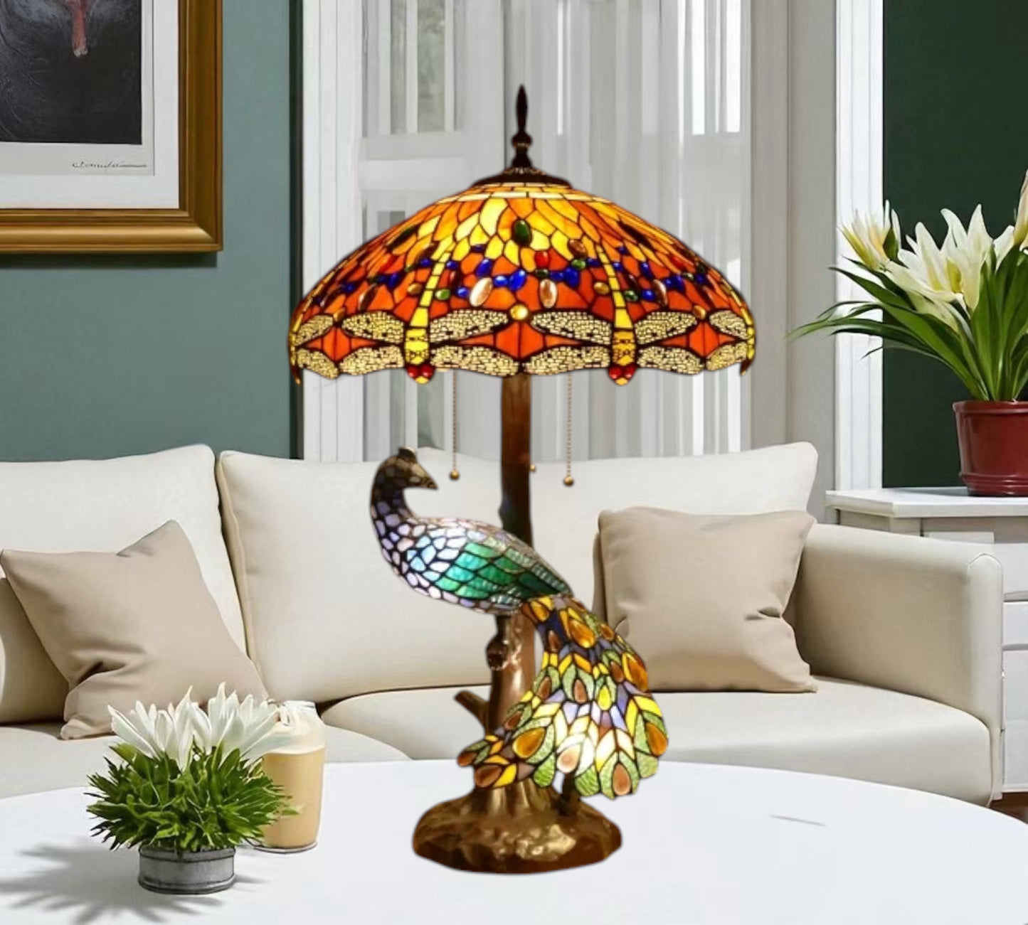 CDH 18" X-LARGE Tiffany Table Lamp 46cm Shade with Peacock (16035TL)