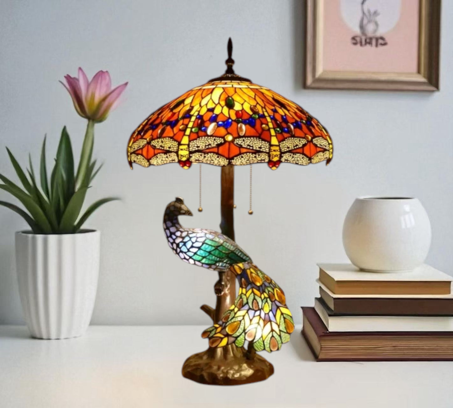 CDH 18" X-LARGE Tiffany Table Lamp 46cm Shade with Peacock (16035TL)