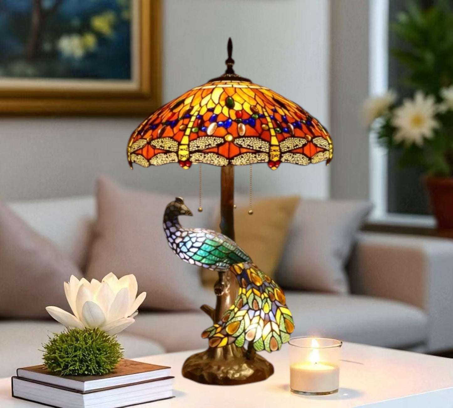 CDH 18" X-LARGE Tiffany Table Lamp 46cm Shade with Peacock (16035TL)