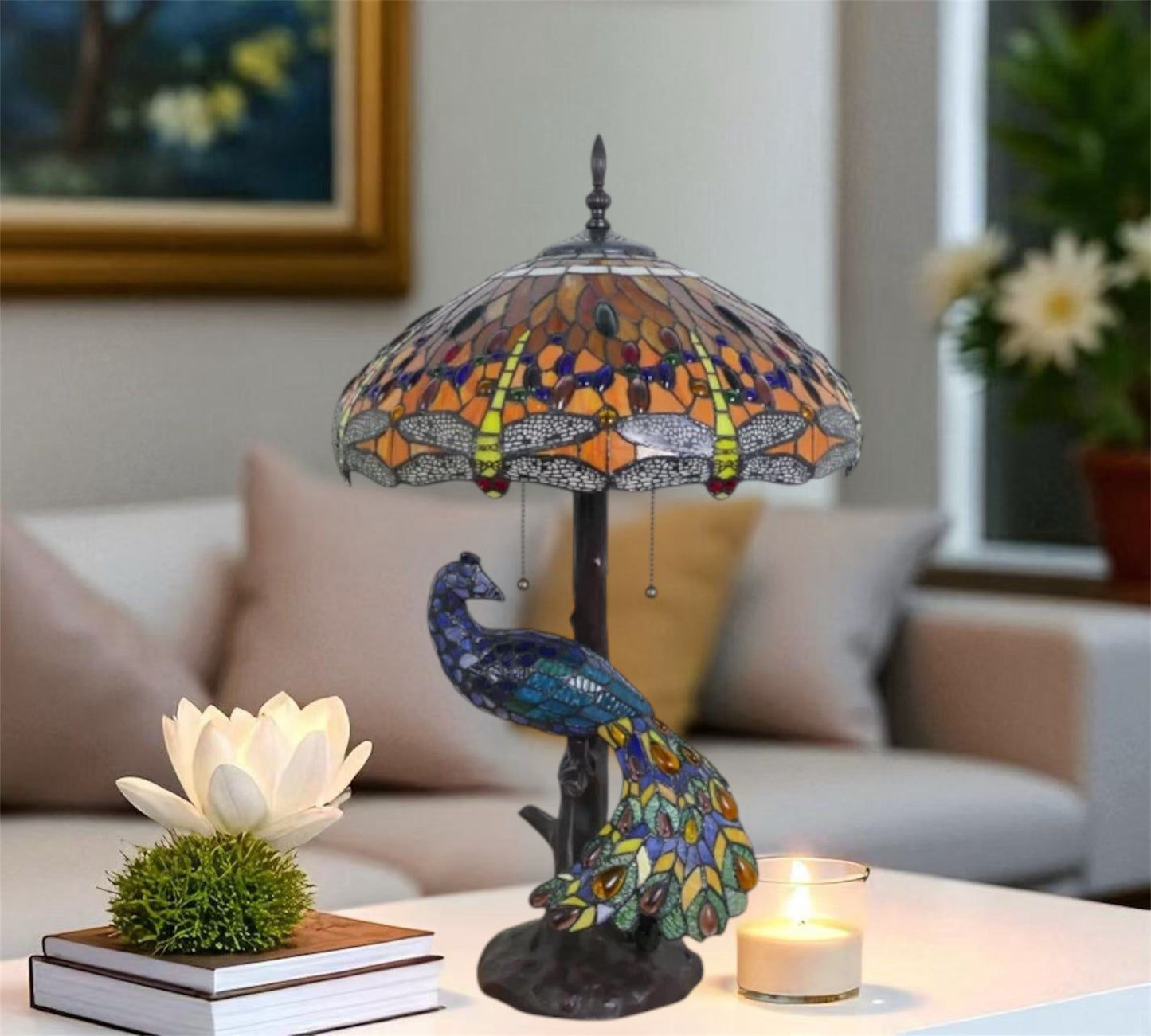 CDH 18" X-LARGE Tiffany Table Lamp 46cm Shade with Peacock (16035TL)