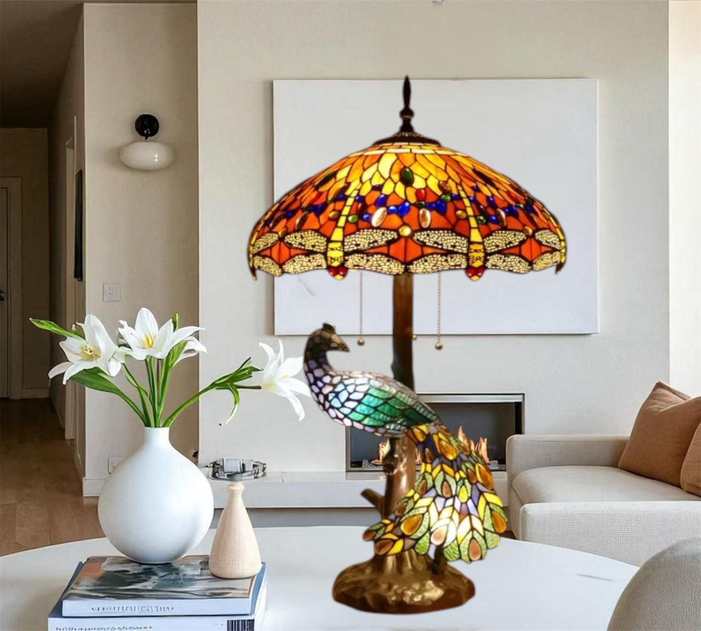 CDH 18" X-LARGE Tiffany Table Lamp 46cm Shade with Peacock (16035TL)