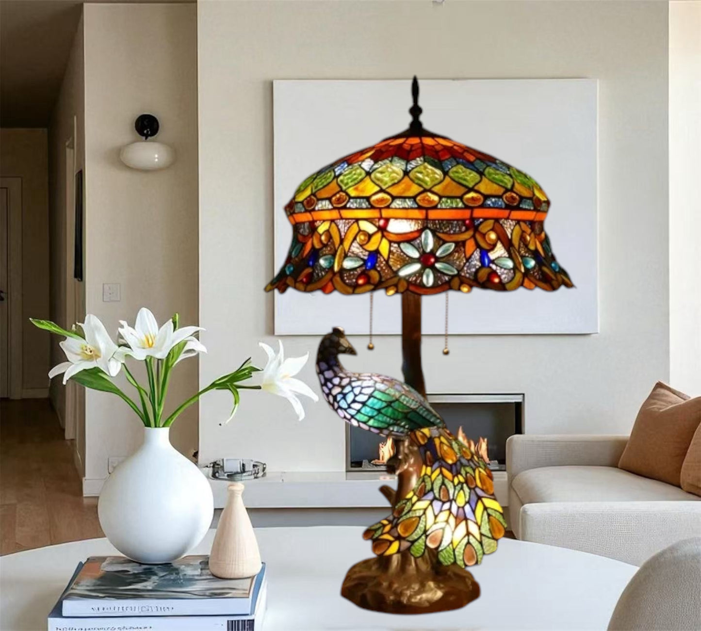 CDH 18" X-LARGE Tiffany Table Lamp 46cm Shade with Peacock (19002TL)