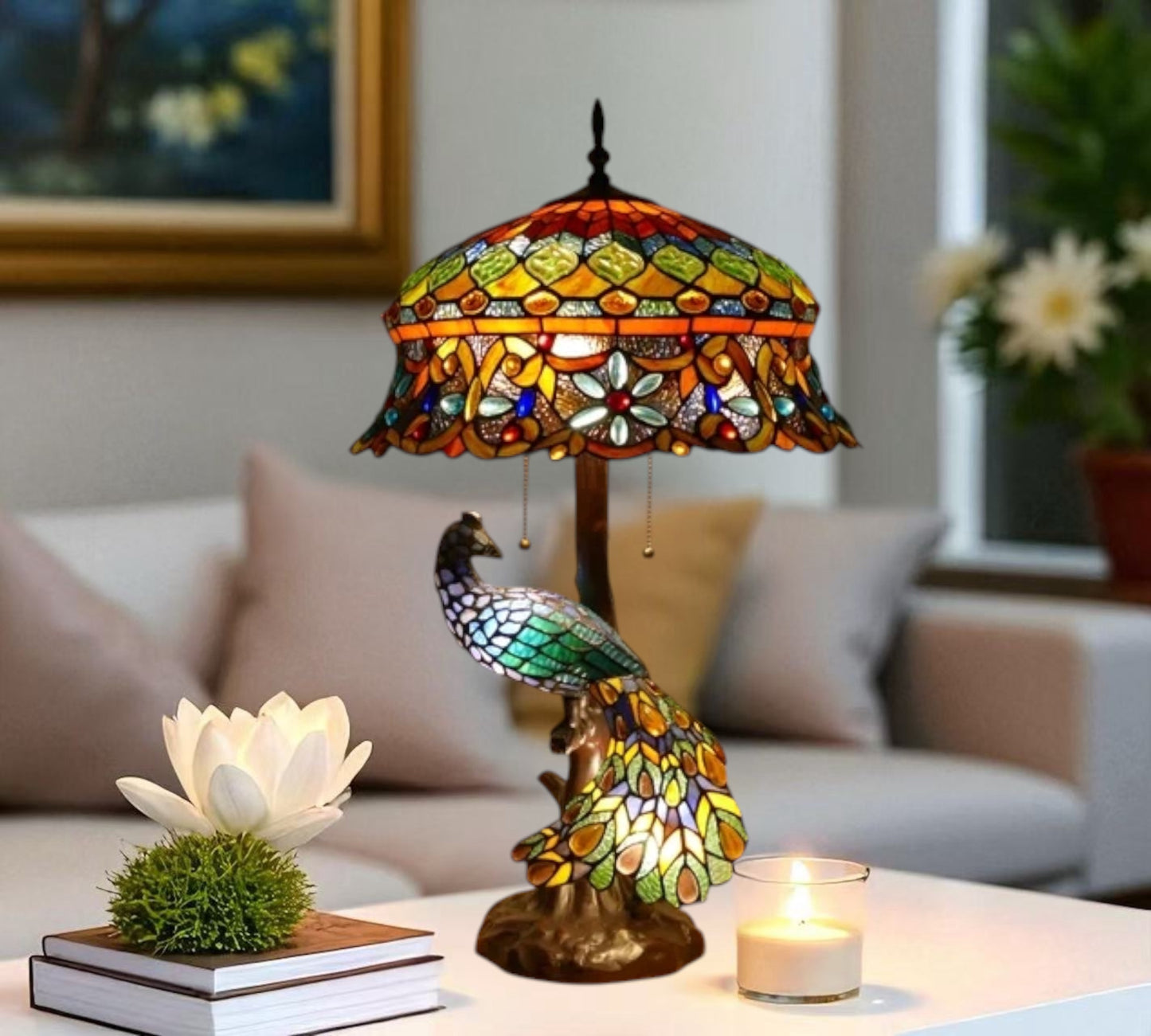 CDH 18" X-LARGE Tiffany Table Lamp 46cm Shade with Peacock (19002TL)