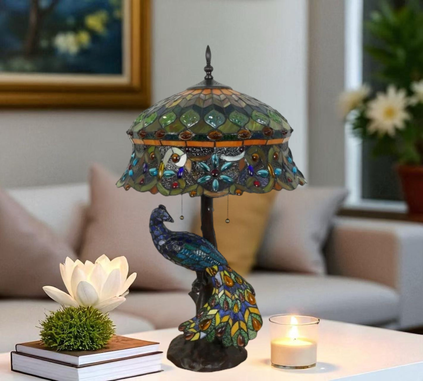 CDH 18" X-LARGE Tiffany Table Lamp 46cm Shade with Peacock (19002TL)