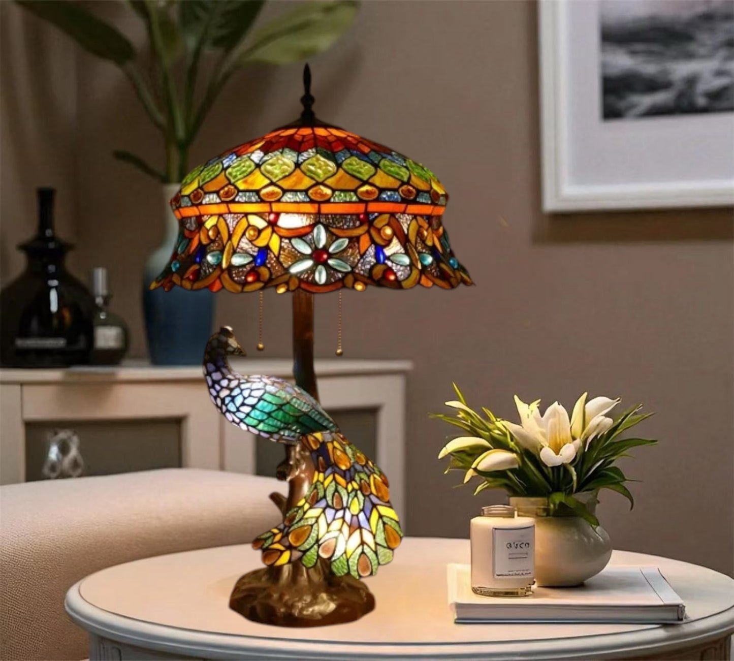 CDH 18" X-LARGE Tiffany Table Lamp 46cm Shade with Peacock (19002TL)