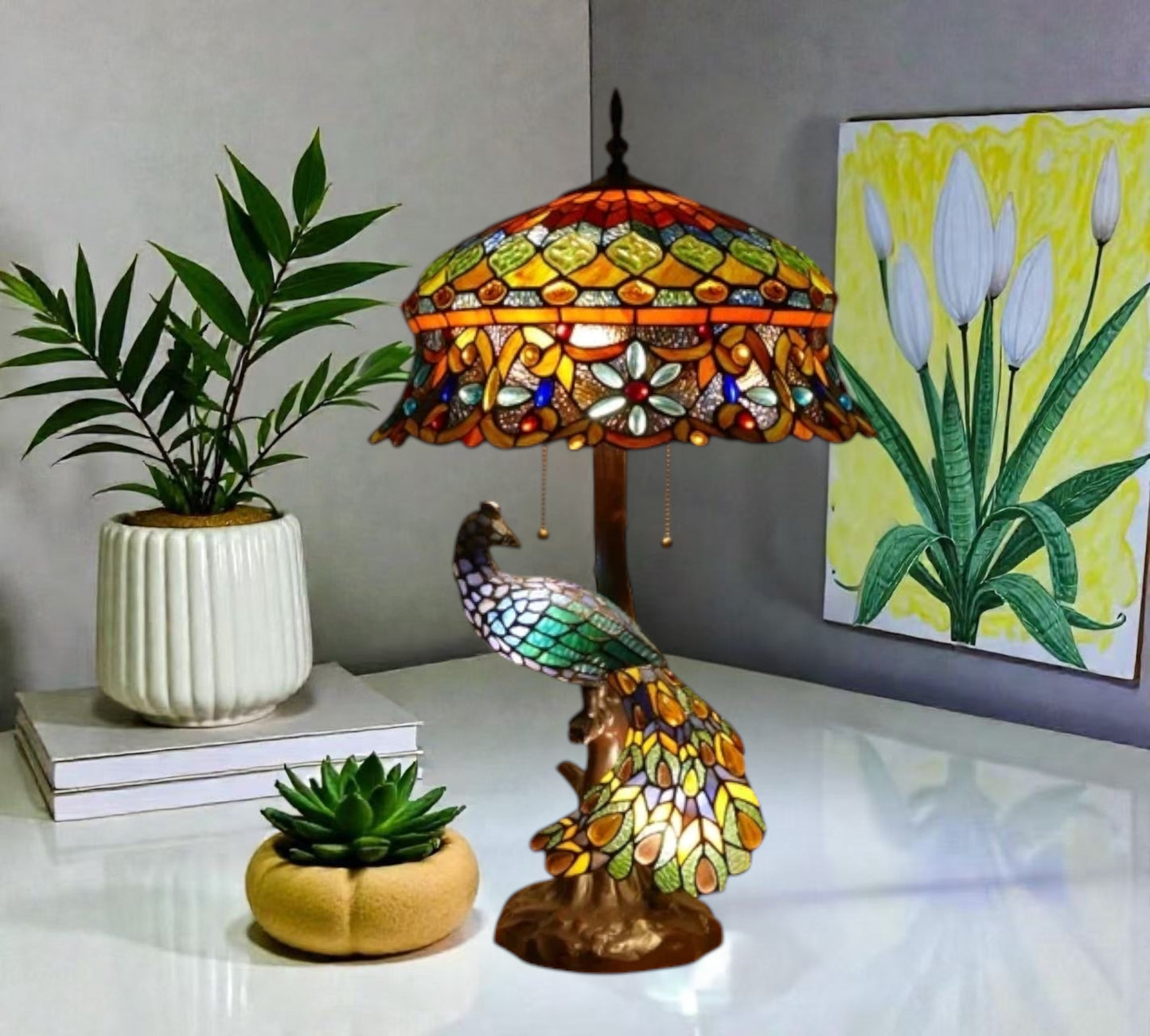 CDH 18" X-LARGE Tiffany Table Lamp 46cm Shade with Peacock (19002TL)