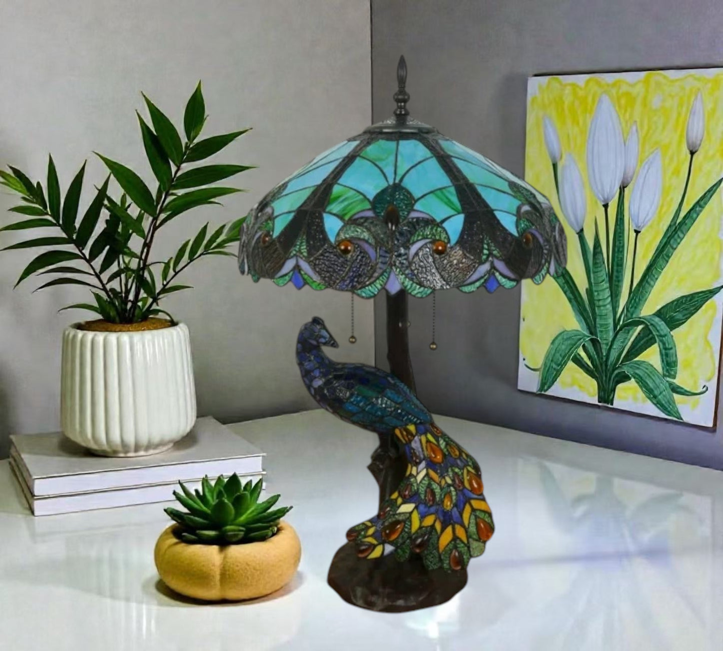 CDH 18" X-LARGE Tiffany Table Lamp 46cm Shade with Peacock (16013TL)
