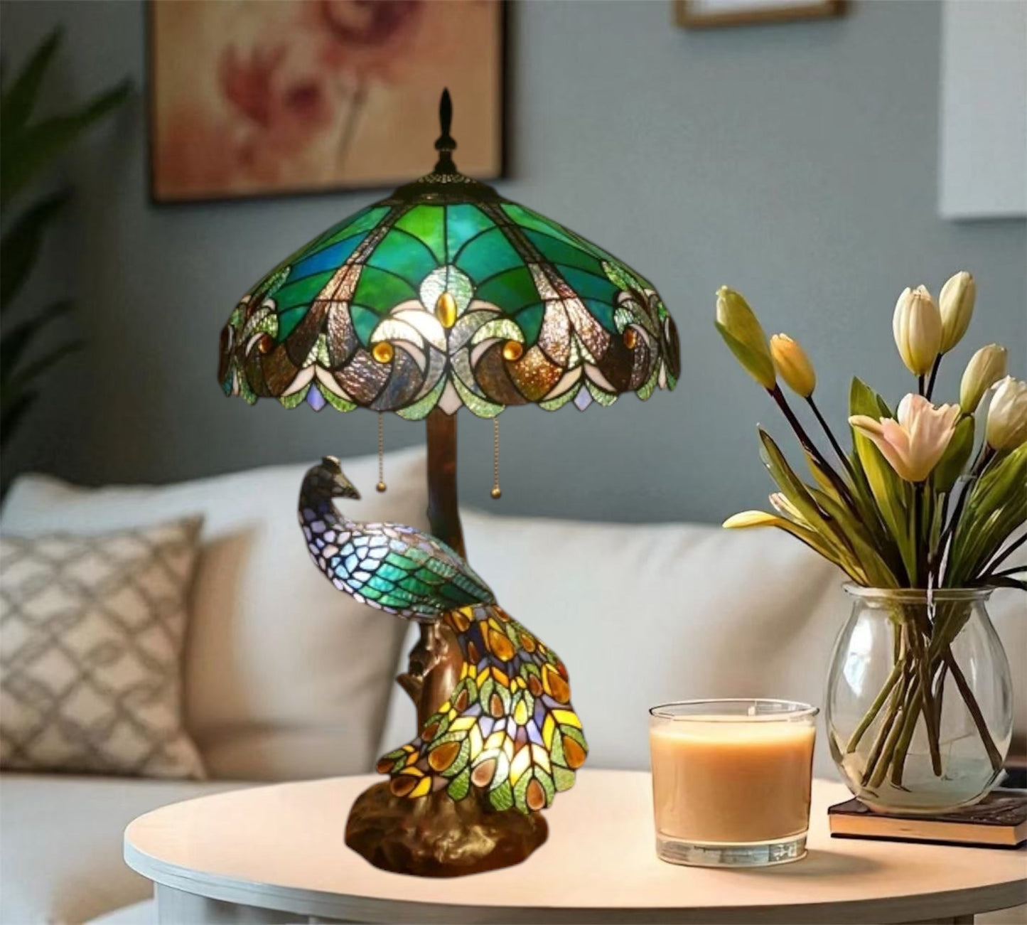 CDH 18" X-LARGE Tiffany Table Lamp 46cm Shade with Peacock (16013TL)