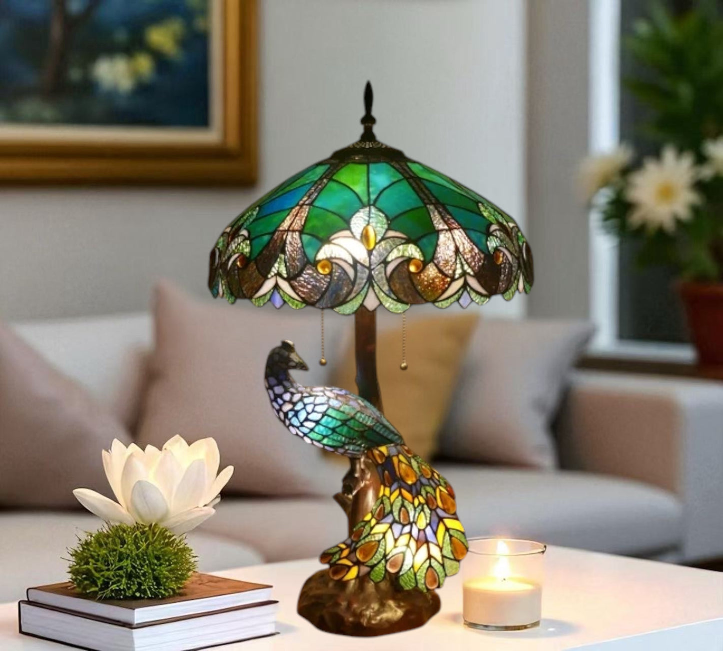 CDH 18" X-LARGE Tiffany Table Lamp 46cm Shade with Peacock (16013TL)