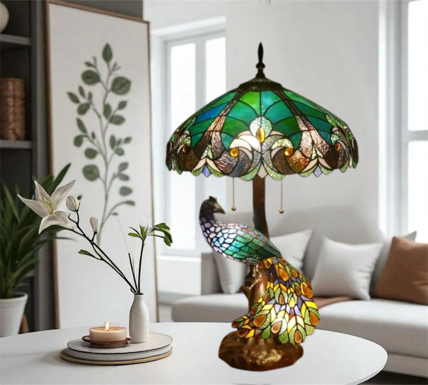 CDH 18" X-LARGE Tiffany Table Lamp 46cm Shade with Peacock (16013TL)